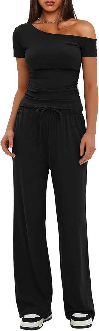 Darong Women's 2 Piece Outfits Lounge Sets Off Shoulder Short Sleeve Tops and High Waisted Wide L... | Amazon (US)