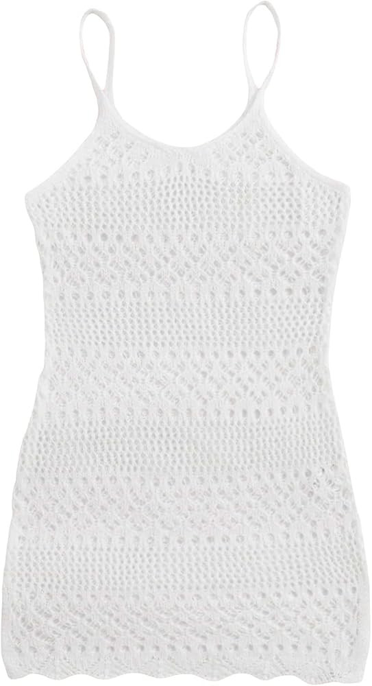 OYOANGLE Girl's Crochet Hollow Out Spaghetti Strap Scallop Trim Sheer Swimsuit Cover Up Dress | Amazon (US)