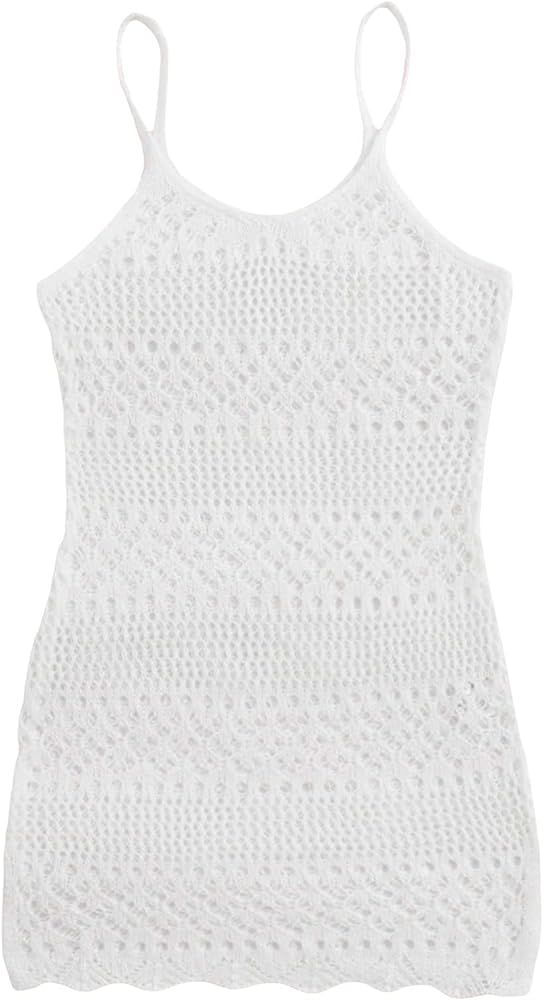 OYOANGLE Girl's Crochet Hollow Out Spaghetti Strap Scallop Trim Sheer Swimsuit Cover Up Dress | Amazon (US)