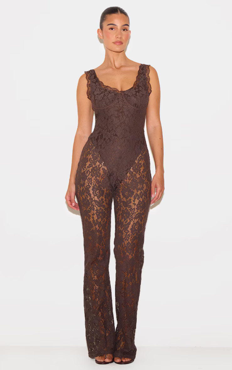 Dark Chocolate Lace Boning Detail Strappy Flared Jumpsuit | PrettyLittleThing US