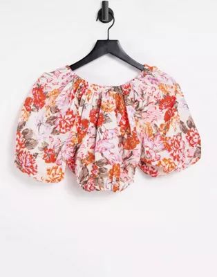 River Island floral puff sleeve crop top in orange | ASOS (Global)