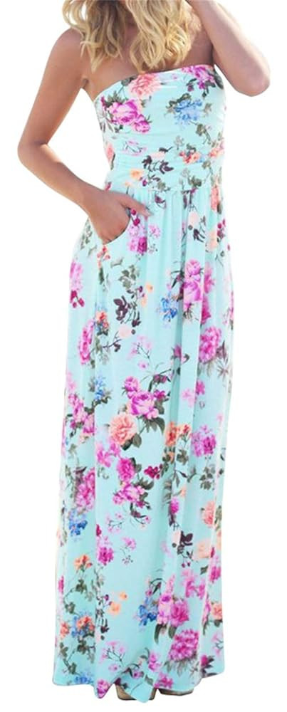 PRIMODA Womens Strapless Tube Top Maxi Dress Floral Boho Beach Dress with Pockets | Amazon (US)