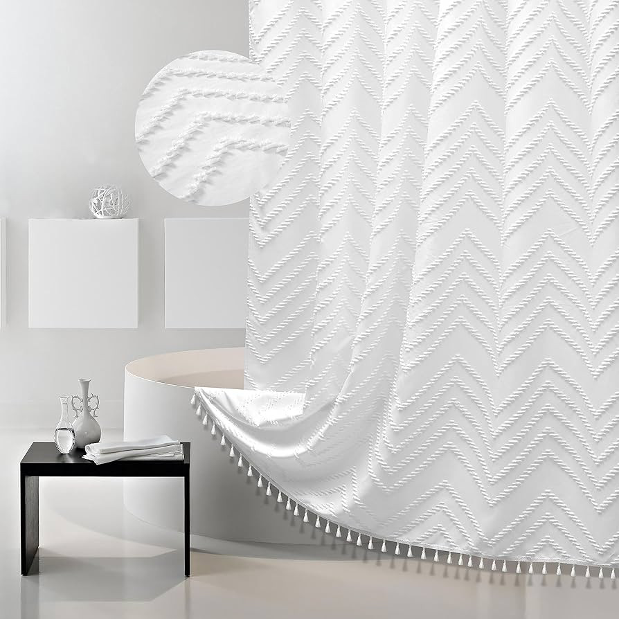 Boho Shower Curtain with Tassel Woven Fabric White Shower Curtain, Extra Long, 72 x 78, Modern Ch... | Amazon (US)