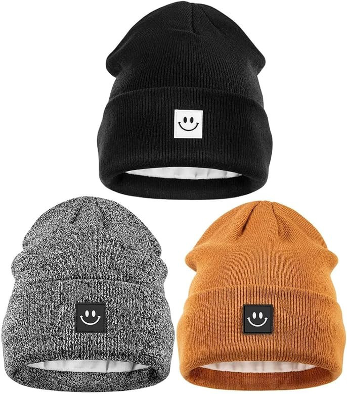 Winter Beanie Hats for Women Men 3Pack,Fleece Lined Womens Winter Hats with Smiley Face,Warm Cute... | Amazon (US)
