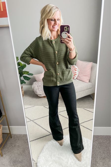 I love this green lady cardigan! It’s so cute paired with these black pull-on flare jeans. Sizing ➡️ Cardigan- small || jeans- xs/regular || boots- 7.5 TTS

#LTKfindsunder50 #LTKstyletip #LTKSeasonal