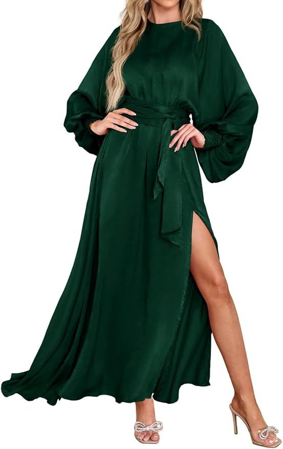 Fisoew Women's Maxi Party Dresses Side Slit Long Sleeve Empire Waist Belted Elegant Satin Prom Dr... | Amazon (US)