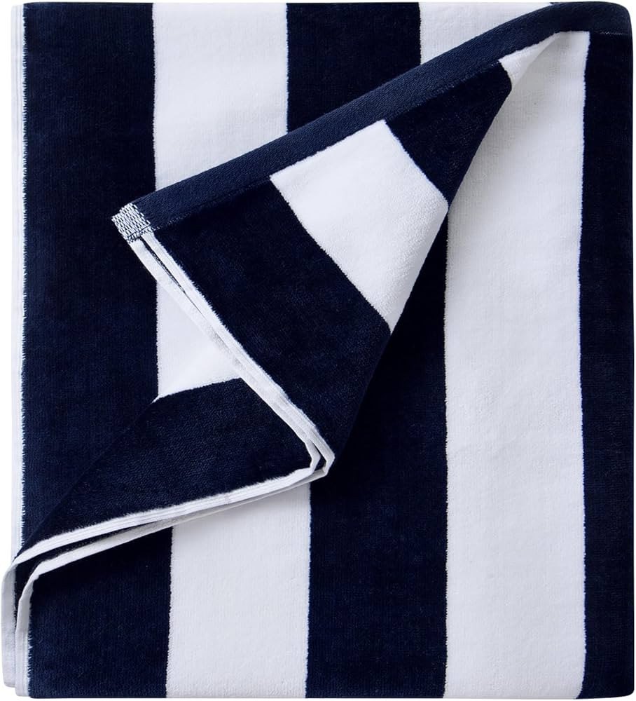Plush Oversized Beach Towel - Fluffy Cotton Thick 36 x 70 Inch Navy Blue Striped Pool Towels, Lar... | Amazon (US)