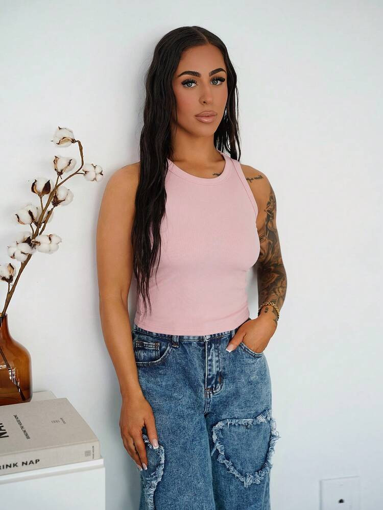 SAYEHFBABY Women's Slim Fit Ribbed Crew Neck Casual Solid Color Tank Top Crop Tops Women | SHEIN