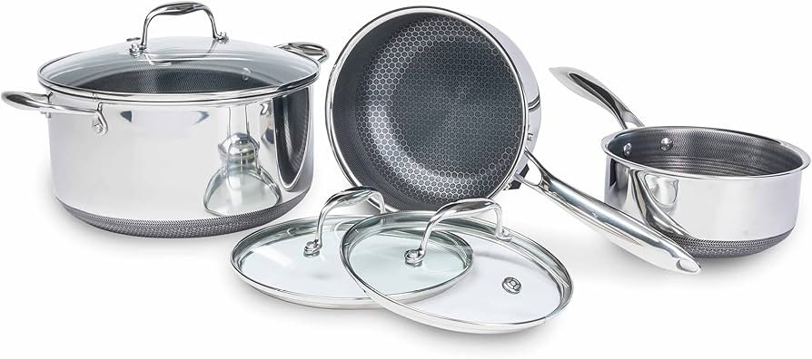 HexClad 6 Piece Hybrid Stainless Steel Cookware Pot Set 2, 3, and 8 Qt with 3 Matching Glass Lids... | Amazon (US)