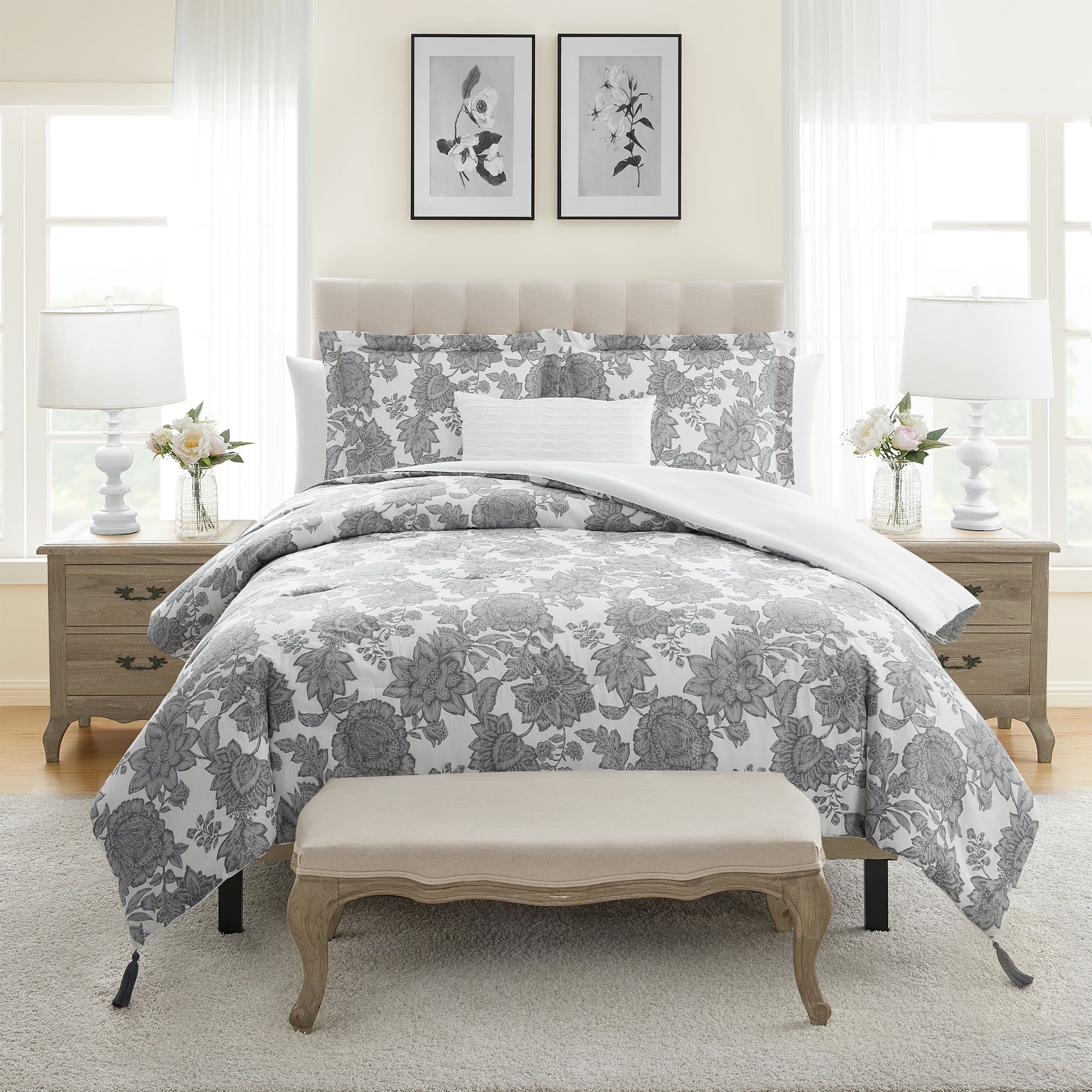 My Texas House Victoria Grey Floral 4-Piece Comforter Set, King - Walmart.com | Walmart (US)