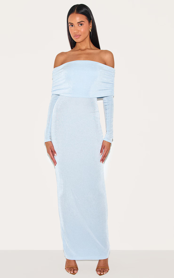 Light Blue Acetate Slinky Bardot Long Sleeve Maxi Dress | PrettyLittleThing US