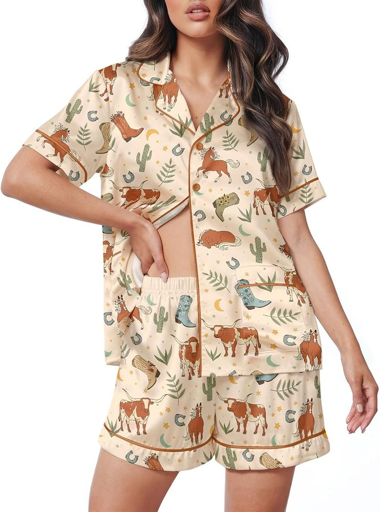 HUNTFAMI Women's Short Satin Pajama Funny Pajamas, Silky Lightweight Softness Sleepwear | Amazon (US)