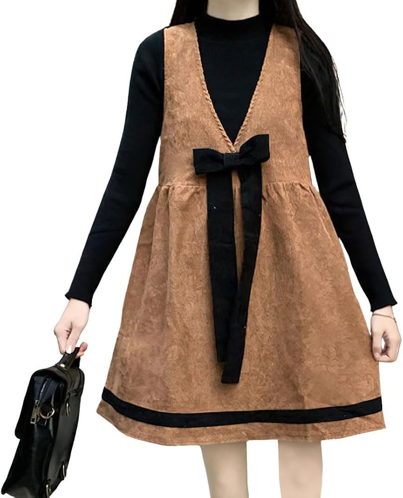 chouyatou Women's Corduroy Babydoll Tunic Tank Dress Cute Bowknot Jumper Overall Dress with Pocke... | Amazon (US)