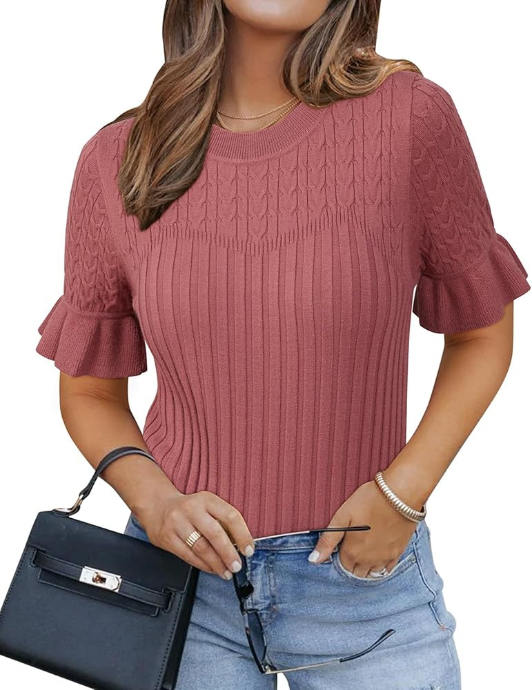 Arach&Cloz 2025 Womens Short Sleeve Sweater Spring Summer Tops Ruffle Sleeve Crew Neck Slim Fit D... | Amazon (US)
