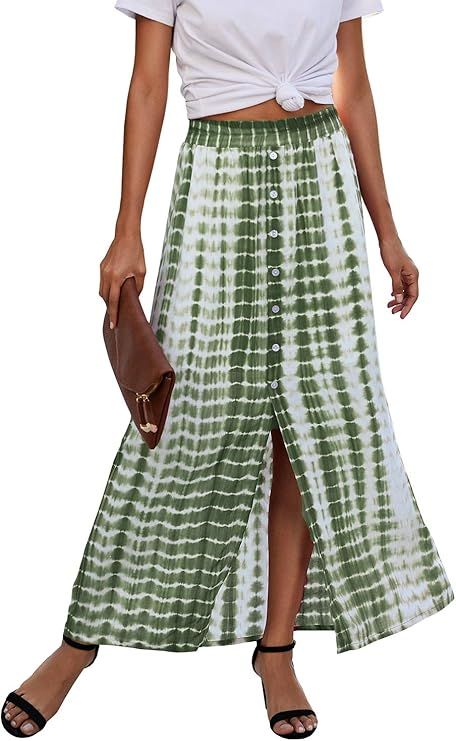 PRETTYGARDEN Women’s Bohemian Tie Dye Print Long Skirts Button Down High Waist Split A-Line Max... | Amazon (US)