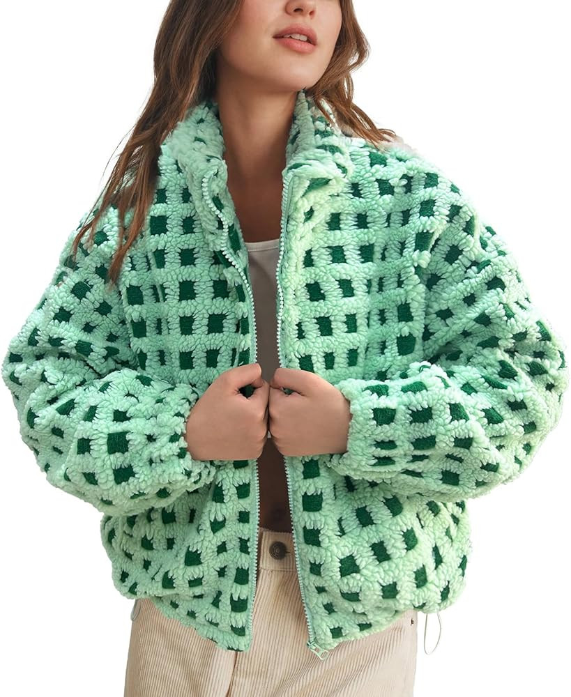 Womens Checkered Sherpa Jacket Cropped Long Sleeve Plaid Fleece Coats Casual Zip Up Gingham Outwe... | Amazon (US)