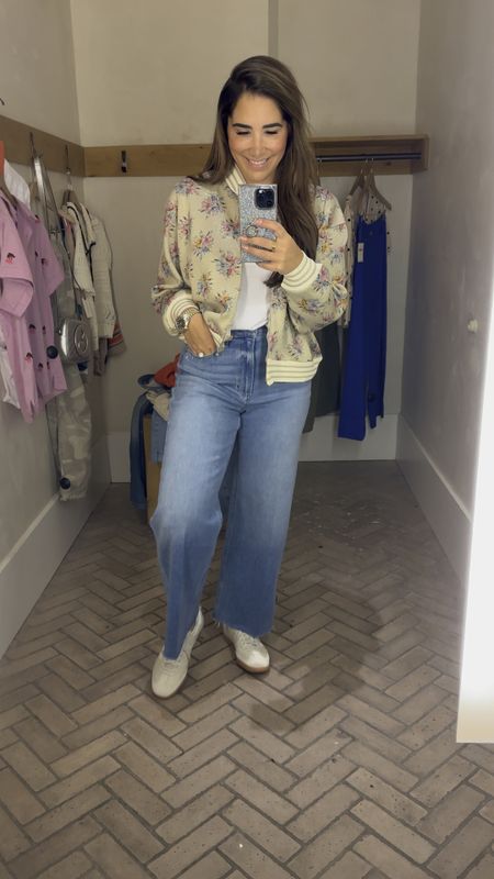 The find of the day and by far my favorite purchase this spring! 💐 the florals and sparkle are a match made in heaven! Jeans I so badly didn’t want to love but they were so comfortable and flattering. Perfect for spring and warmer weather 🌸 ☀️ I did a large in the bomber and a 29 in jeans (they have stretch but I think  run a little small) 

#LTKSpringSale #LTKstyletip #LTKsalealert