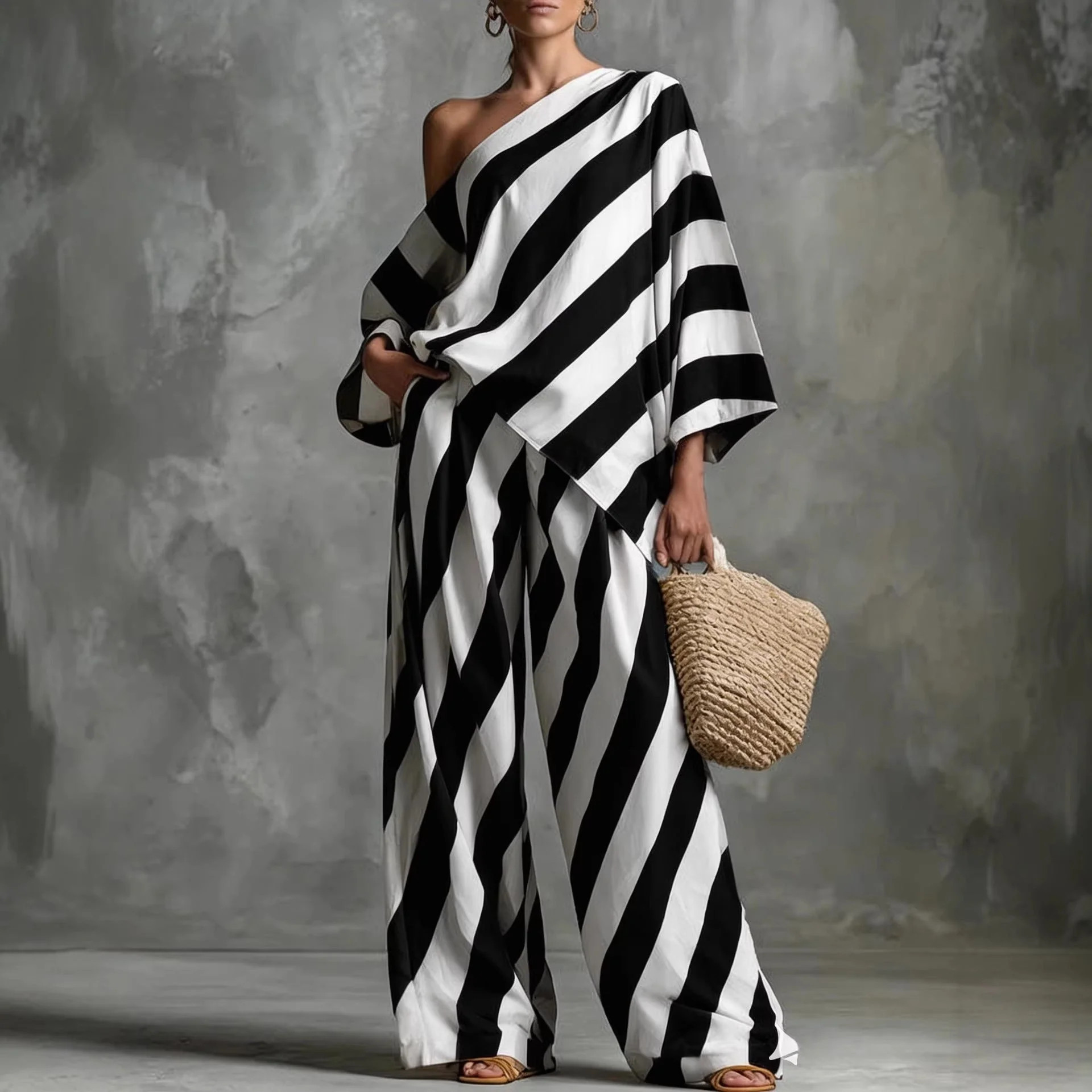 Women's Retro Striped Batwing Top & Wide-Leg Pants Set \u2013 Vintage 2-Pie | Zulily