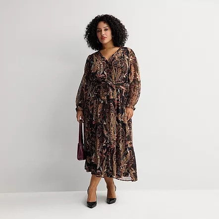 Plus Size Nine West Long Sleeve Button Front Maxi Dress, Women's, Size: 4XL, Black Jana Chintz | Kohl's