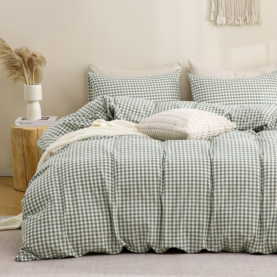TOCOMOA Green Gingham Duvet Cover Set Washed Cotton Like Linen, Queen | Amazon (US)