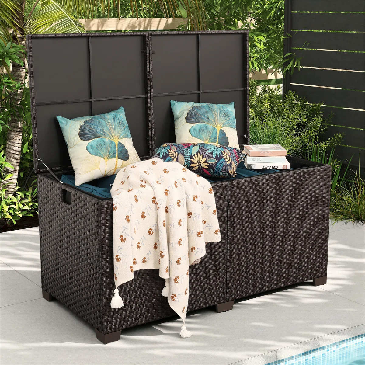 Rattaner Resistant Wicker Deck Box with Gas Spring Lid and Zippered Waterproof Inner Bag | Wayfair North America