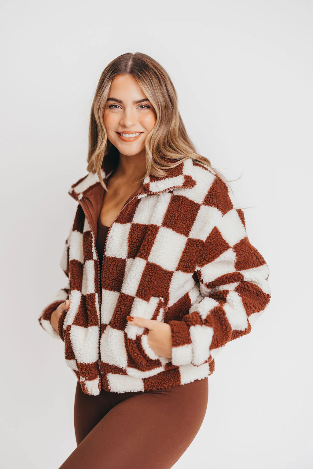 Harlequin Checkered Sherpa Zip-Up Jacket in Brown/Cream | Worth Collective