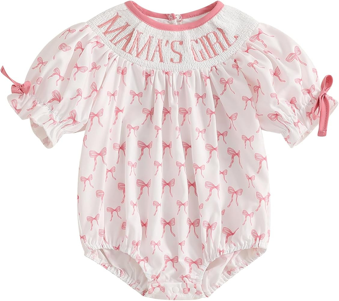 Newborn Baby Girl Romper Mamas Mini Bow Plaid Print Puff Sleeve Smocked Bubble Romper Jumpsuit Bo... | Amazon (US)
