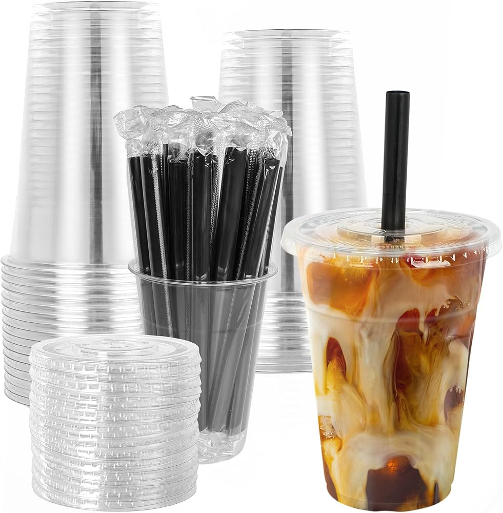 25 Sets - 16oz Disposable Clear Plastic Cups with Lids and Smoothies Straws Party Drinking Cups f... | Amazon (US)