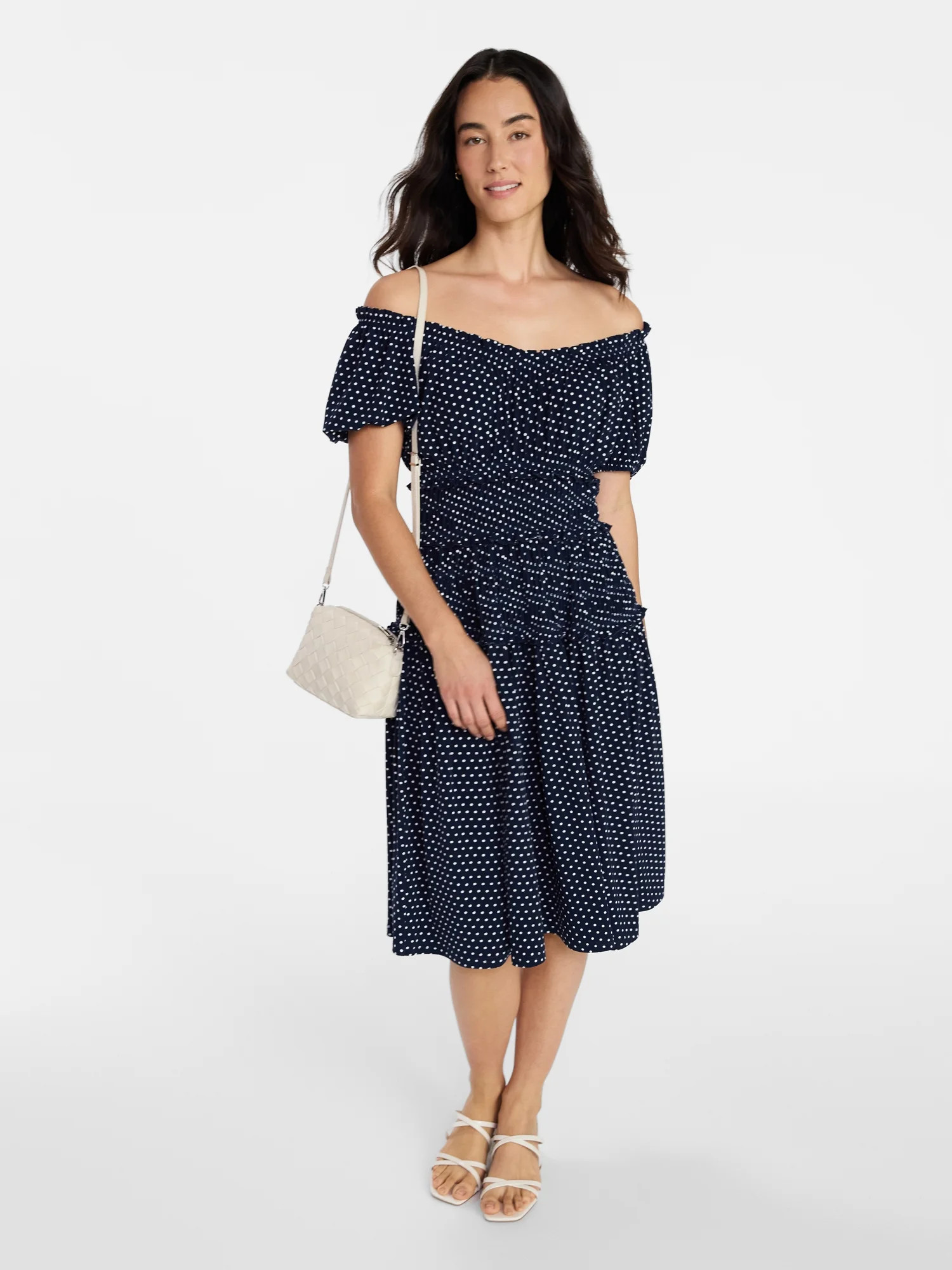 Time and Tru Women's Smocked Midi Dress with Short Puff Sleeves, Sizes XS-XXXL | Walmart (US)