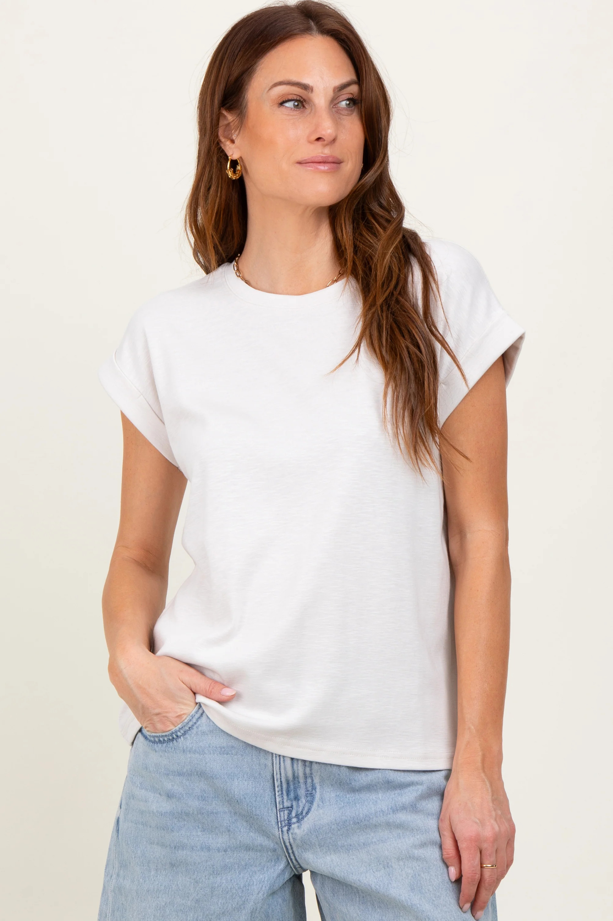 Cream Rolled Short Sleeve Tee | PinkBlush Maternity
