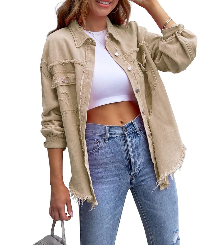 SEMATOMALA Women's Frayed Hem Ripped Denim Shirt Jacket Button Front Boyfriend Jean Coat Oversize... | Amazon (US)