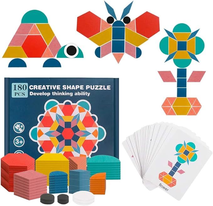 USATDD 180 Pcs Wooden Tangrams Pattern Blocks Set Geometric Manipulative Shape Puzzle Kindergarte... | Amazon (US)