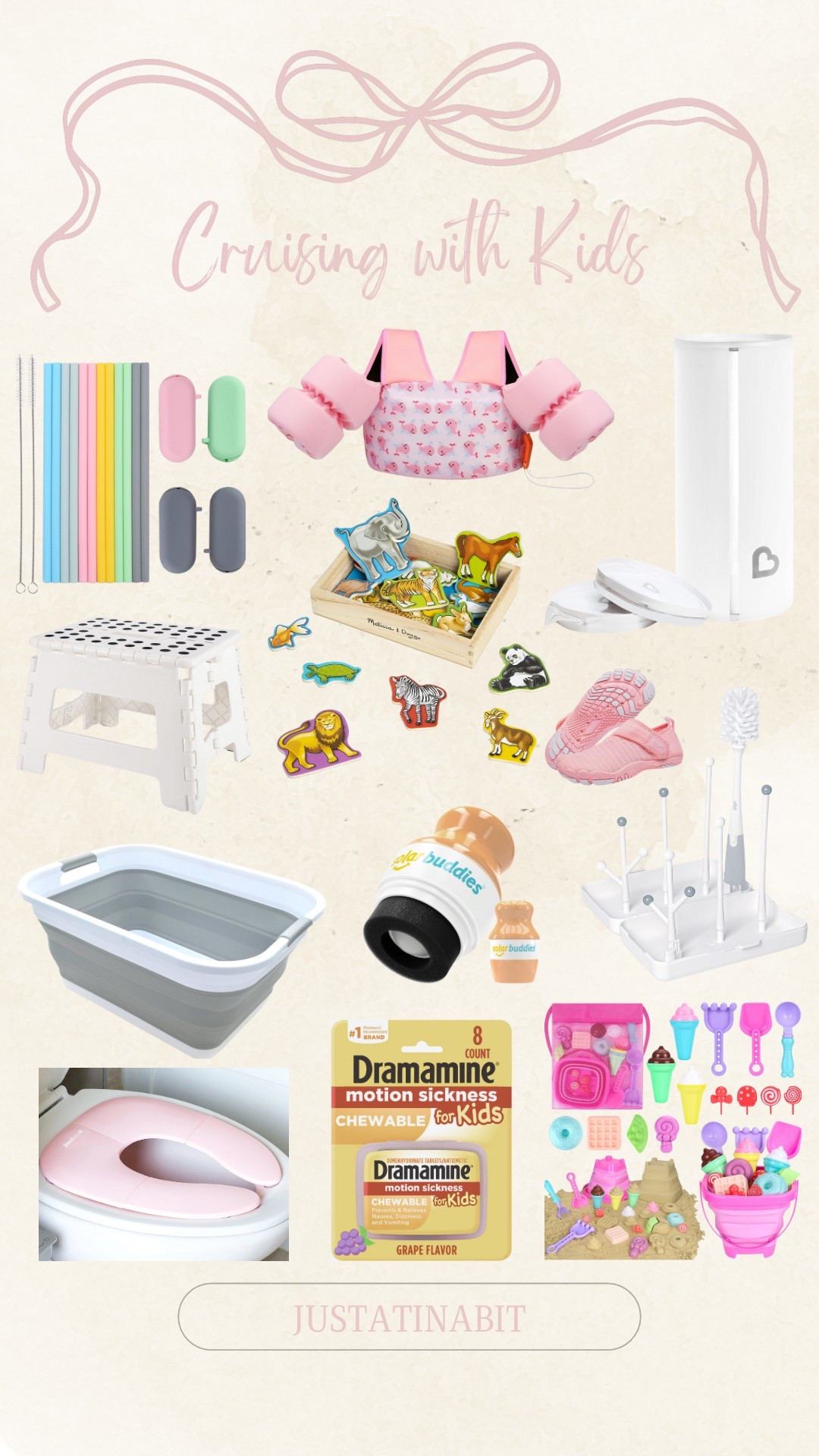 Cruising with Kids! 

Vacation essentials, disposable diaper pail, kids chewable motion sickness relief, sunscreen applicator, swim vest, toy magnets, disposable bibs, bottle drying rack, portable toilet seat, collapsible beach toys, foldable silicone straws 

#LTKBaby #LTKTravel #LTKKids