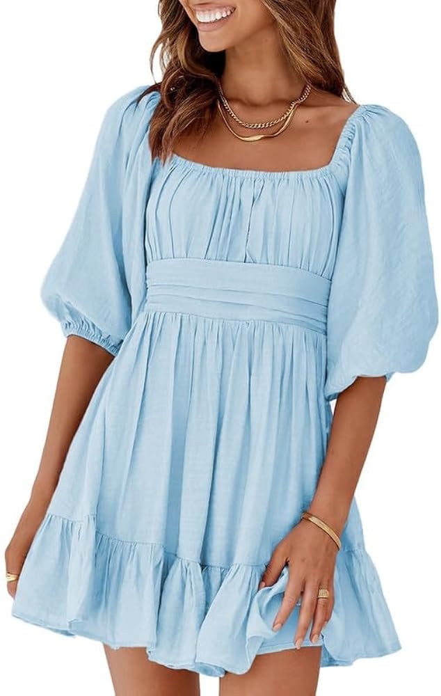 Dokotoo Womens Summer Dresses Square Neck Tie Back Lantern Sleeve Ruffle A-Line Casual Dress | Amazon (US)