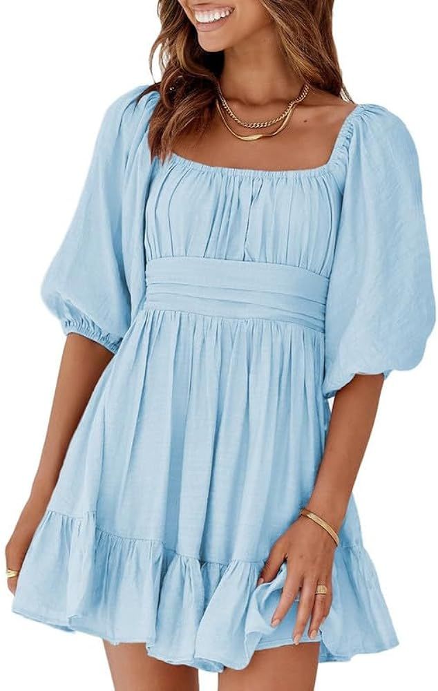 Dokotoo Womens Summer Dresses Square Neck Tie Back Lantern Sleeve Ruffle A-Line Casual Dress | Amazon (US)