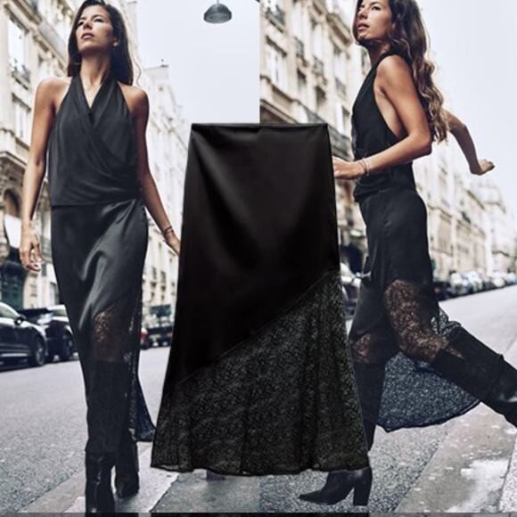 Zara Black COMBINATION LACE SATIN EFFECT MIDI SKIRT Size Large | Poshmark