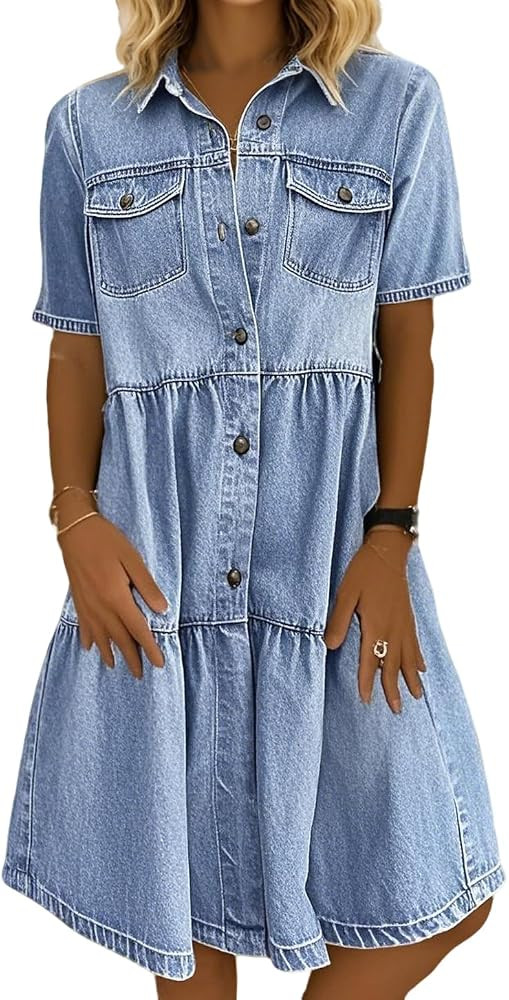 chouyatou Women Summer Casual Button Down Midi Denim Shirt Dress Cute Distressed Tiered Ruffle Je... | Amazon (US)