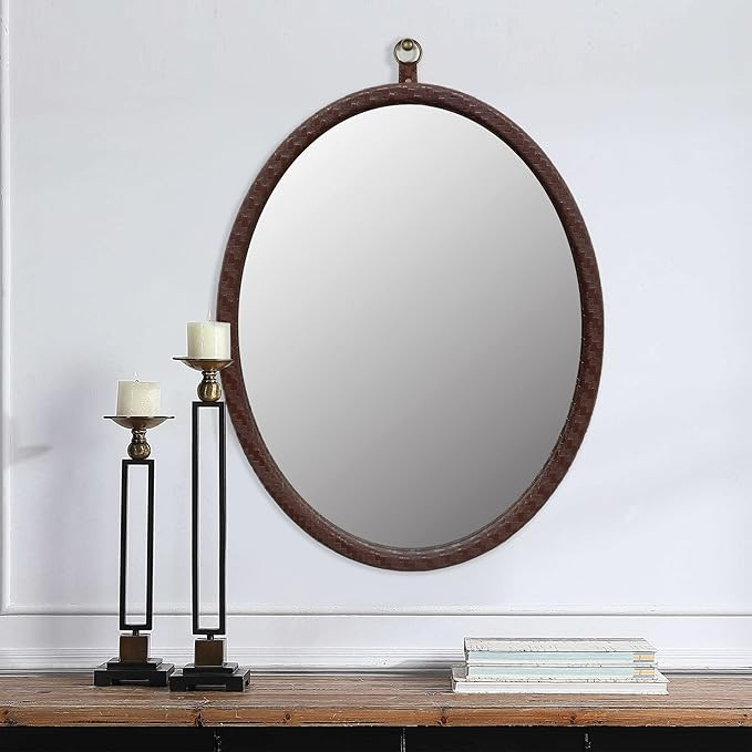 Oval Brown Woven Grain Decorative Wall Hanging Mirror,PU Covered MDF Framed Mirror for Bedroom Li... | Amazon (US)