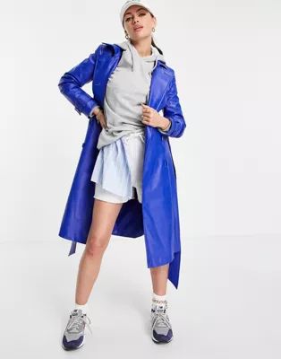 Helene Berman faux leather double breasted trench coat in blue | ASOS (Global)