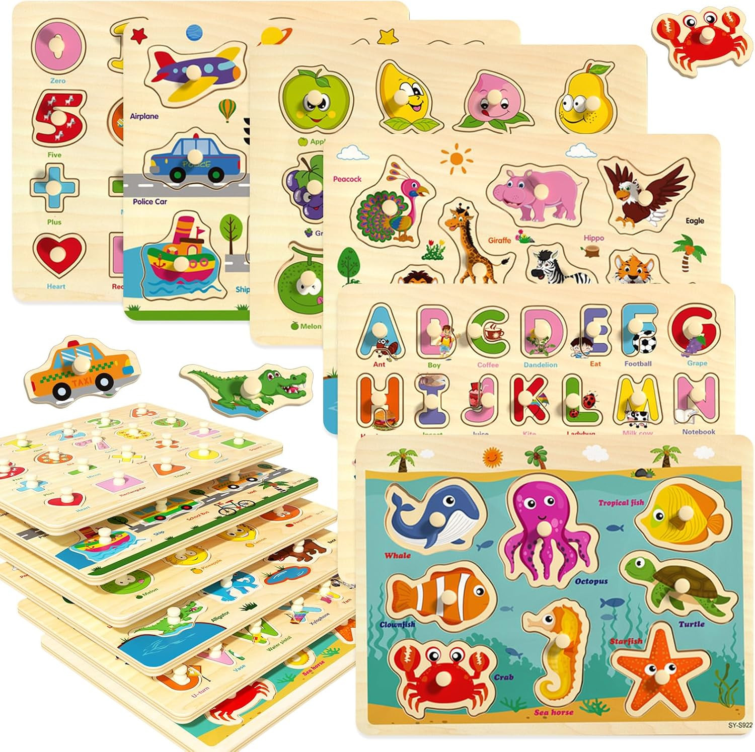edutree Wooden Peg Puzzles for Toddlers 1 2 3 4, 6 Pack Educational Peg Puzzles Montessori Toys, Learning Puzzles for Kids Girs Boys with Alphabet Number Animal Vehicle Shape | Amazon (US)