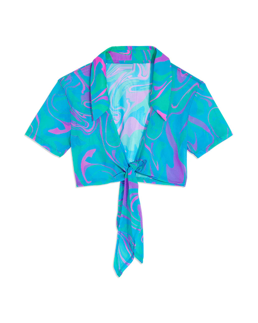 Mesh Paradise Marble Tie-Front Top - S Ocean Blue | We Wore What