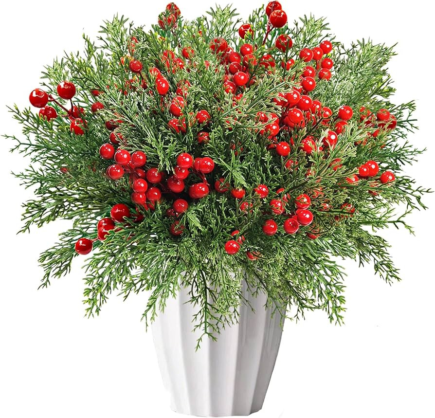 4-Piece Faux Pine Branches with Vibrant Red Berries, Christmas Decor for Holiday Arrangements, Ar... | Amazon (US)