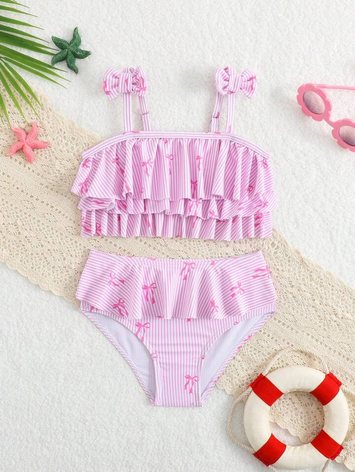 Young Girls Cute Bow Striped Print Multi-Layered Ruffled Bikini Swimsuit Set,Bow Decoration, Adju... | SHEIN