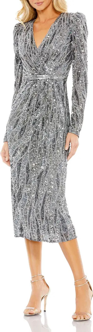 Mac Duggal Long Sleeve V-Neck Beaded Cocktail Dress | Nordstrom | Nordstrom