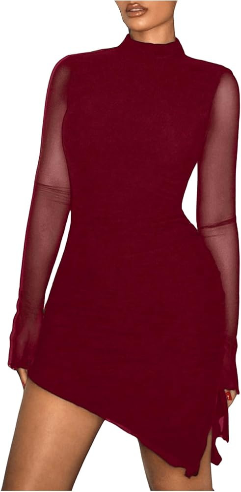 SHENHE Women's Mock Neck Ruched Drawstring Slit Long Sleeve Mesh Sexy Bodycon Mini Dress | Amazon (US)