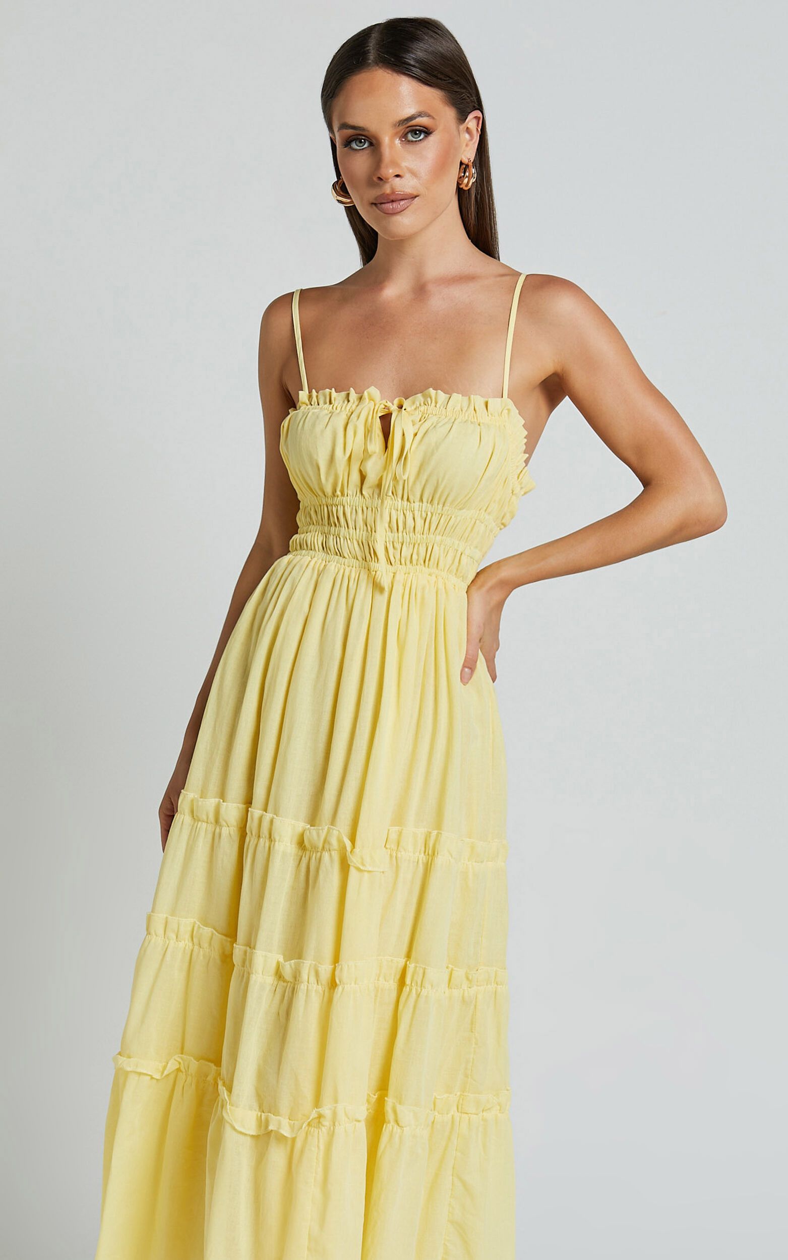 Schiffer Midi Dress - Strappy Ruched Tie Front Tiered Dress in Yellow | Showpo (US, UK & Europe)