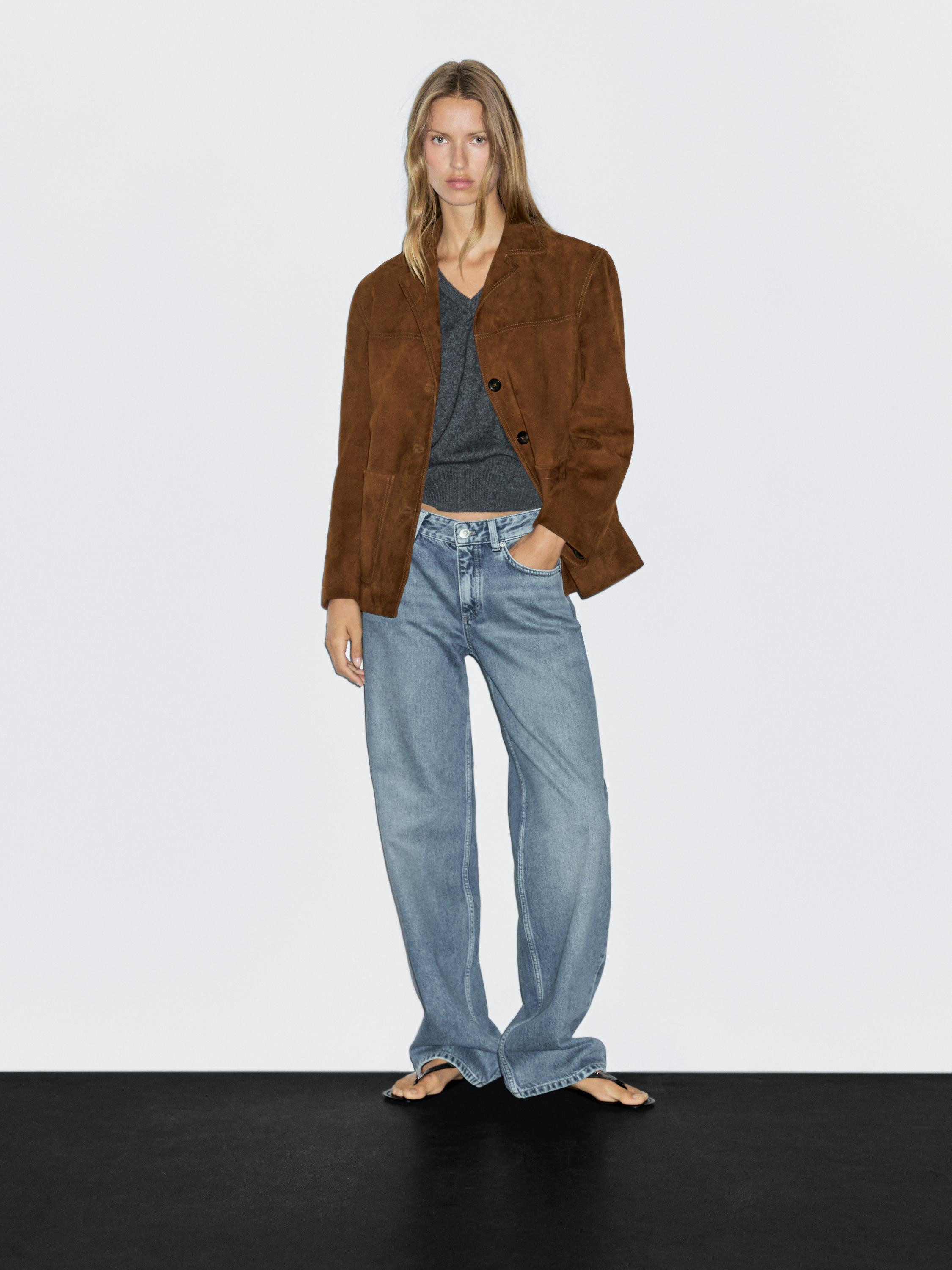 Suede leather blazer with topstitching | Massimo Dutti UK