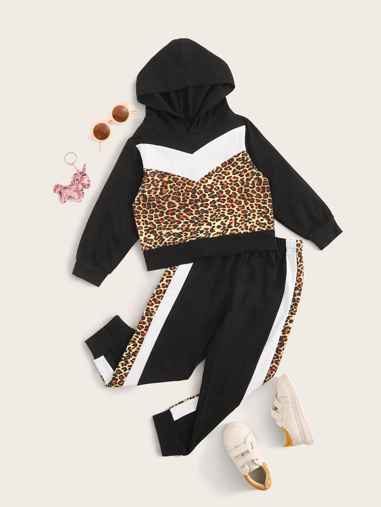 Toddler Girls Cut And Sew Leopard Hoodie With Sweatpants | SHEIN