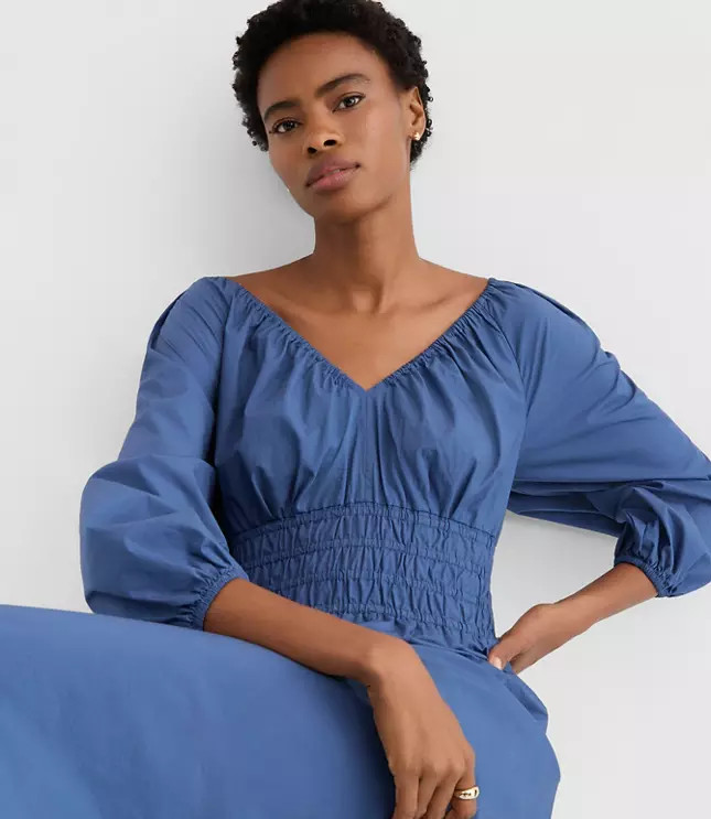 Poplin Smocked Midi Pocket Dress | LOFT