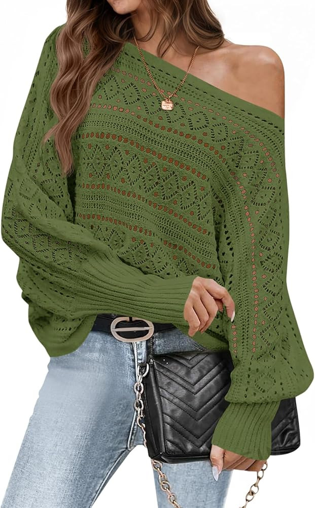 Saodimallsu Womens Off The Shoulder Sweaters Fall 2025 Oversized Knit Batwing Long Sleeve Crochet... | Amazon (US)